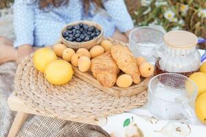 Picknick im das Kamille Feld. ein groß Feld von blühen Gänseblümchen. das Konzept von draussen Erholung. foto