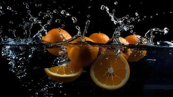 ai generiert Foto von ein beschwingt Orange untergetaucht im ein Schwimmbad von Wasser, Erfassen es ist saftig Einzelheiten. ein Nahansicht von Orange Scheiben und Luftblasen Orange Scheiben Orangen schwebend.