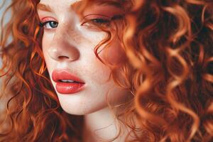 ai generiert Nahansicht Porträt von ein jung Frau mit beschwingt rot Haar und Sanft Sonnenlicht foto
