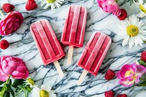 ai generiert beschwingt Himbeere Eis Pops vereinbart worden auf Marmor Hintergrund umgeben durch frisch Beeren und Blumen foto