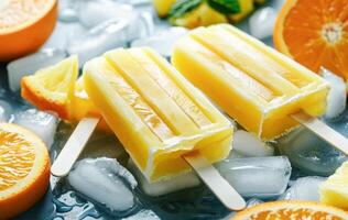 ai generiert erfrischend hausgemacht Orange Ananas Eis am Stiel auf ein Sommer- Tag foto