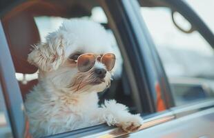 ai generiert stilvoll Hund tragen Blau Sonnenbrille gelehnt aus von ein Auto Fenster auf ein sonnig Tag foto