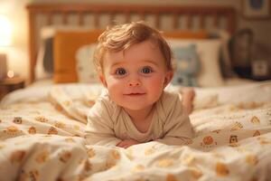 ai generiert bezaubernd Baby kriechen auf ein Sanft Weiß Teppich im ein gemütlich Leben Zimmer Rahmen foto
