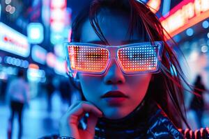ai generiert futuristisch weiblich Modell- posieren mit Neon- Visier Brille beim Nacht im ein Stadtbild foto