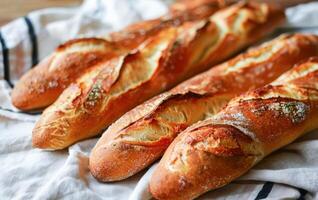 ai generiert frisch gebacken Französisch Baguettes auf ein rustikal Küche Zähler im natürlich Licht foto