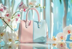 ai generiert elegant Rosa Handtasche flankiert durch Weiß Orchideen auf ein Sanft Blau Hintergrund foto