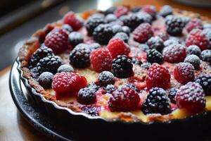 ai generiert frisch gebacken gemischt Beere Torte garniert mit Minze auf ein Blau Hintergrund foto