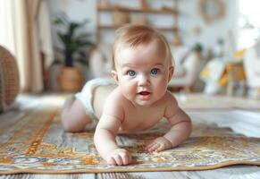 ai generiert bezaubernd Baby kriechen auf ein Sanft Weiß Teppich im ein gemütlich Leben Zimmer Rahmen foto