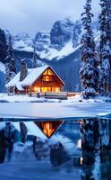 ai generiert schneebedeckt Kabine durch ein gefroren See im ein bergig Winter Landschaft beim Dämmerung foto