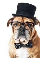ai generiert adrett Bulldogge gekleidet im ein schwarz Bogen Krawatte und Hut posiert gegen Weiß Hintergrund foto