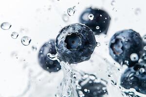 ai generiert frisch Blaubeeren planschen in Kristall klar Wasser gegen ein Weiß Hintergrund foto