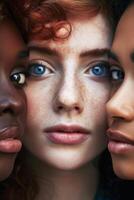 ai generiert Nahansicht Profil Aussicht von drei vielfältig Frauen betonen Einheit und Schönheit foto