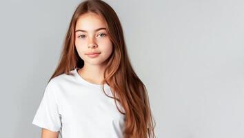 ai generiert jung Mädchen mit lange Rotbraun Haar posieren im ein Weiß T-Shirt gegen ein grau Hintergrund foto