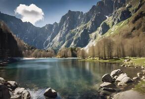 ai generiert ein Aussicht von ein See im das Pyrenäen foto