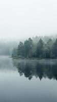 ai generiert neblig Seeufer Wald Aussicht foto