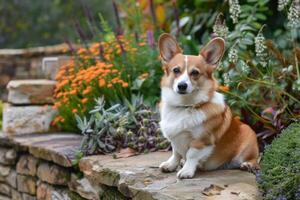 ai generiert Corgi Sitzung im ein Garten foto