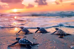 ai generiert Baby Schildkröten Reise zu das Meer foto