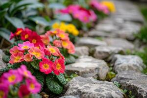 ai generiert Primeln Blühen entlang Garten Pfad foto