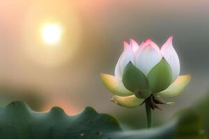 ai generiert Lotus Blume beim Sonnenuntergang foto