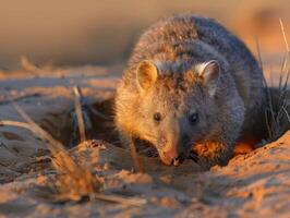 ai generiert Wombat Nahrungssuche beim Sonnenuntergang foto