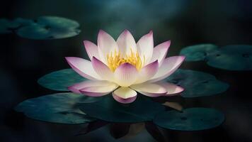 ai generiert anmutig Lotus Blume schwimmt Über ein dunkel mystisch Hintergrund foto