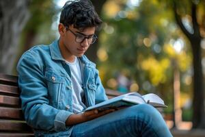 ai generiert Schüler lesen auf Park Bank foto