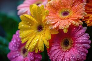 ai generiert schließen oben von ein Bündel von hell bunt Blumen mit Wasser Tröpfchen Calgary alberta Kanada foto