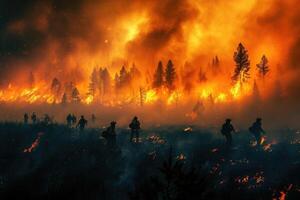 ai generiert Feuerwehrleute Kampf Waldbrände Gefahren durch Klima ändern. foto