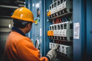 ai generiert elektrisch Ingenieur Überprüfung Stromspannung im Leistung Verteilung Tafel. foto