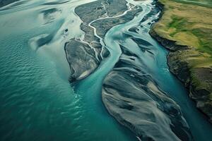 ai generiert Antenne Aussicht von Fluss Formation Muster im östlichen Island. foto