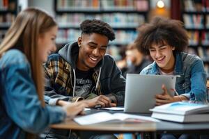 ai generiert gemischtrassig Studenten studieren zusammen im Hochschule Bibliothek foto