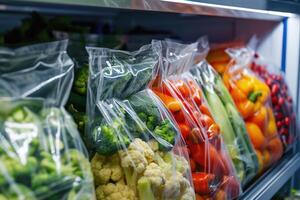 ai generiert gefroren Gemüse gelagert im Plastik Taschen foto