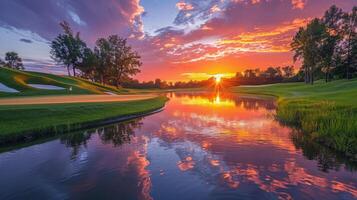 ai generiert majestätisch Sonnenuntergang Über Golf Kurs mit Teich foto