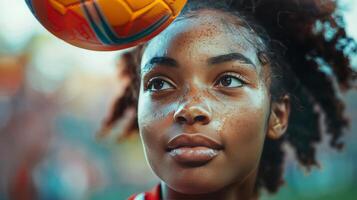 ai generiert Mädchen balancieren Fußball Ball auf Kopf foto