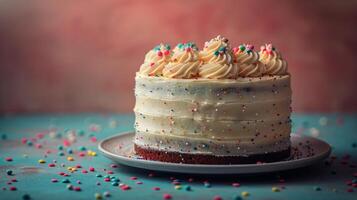 ai generiert Weiß Glasur Kuchen mit Sträusel auf Teller foto