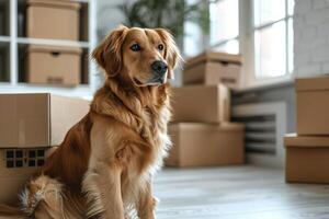 ai generiert Hund Sitzung Nächster zu Kisten foto