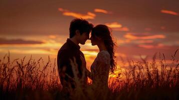 ai generiert Mann und Frau Stehen im Vorderseite von Sonnenuntergang foto