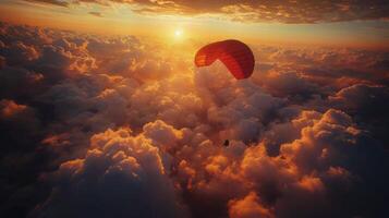 ai generiert rot Fallschirm hochfliegend durch wolkig Himmel foto