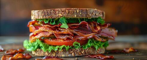 ai generiert Speck und Grüner Salat Sandwich auf hölzern Tabelle foto