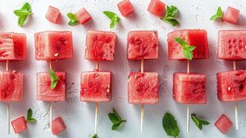 ai generiert Wassermelone Würfel mit Minze und Himbeeren auf Eis foto