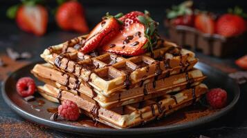 ai generiert Stapel von Waffeln gekrönt mit Erdbeeren und Schokolade foto