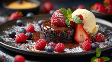 ai generiert dekadent Schokolade Kuchen mit Beeren und Eis Sahne foto