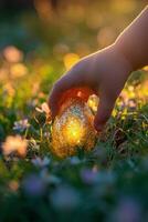 ai generiert Kinder Hand halten Ostern Ei im Feld von Blumen foto