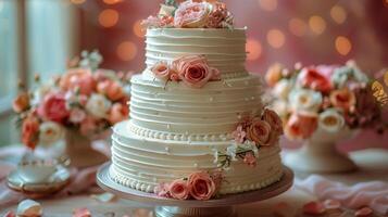 ai generiert Hochzeit Kuchen mit Rosa Blumen auf Tabelle foto