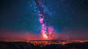 ai generiert sternenklar Nacht Himmel mit Stadt Beleuchtung reflektiert im Wasser foto