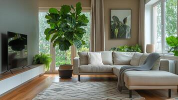 ai generiert ein Leben Zimmer gefüllt mit viele von Pflanzen und Möbel foto