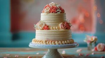 ai generiert Hochzeit Kuchen mit Rosa Blumen auf Tabelle foto