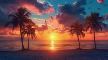 ai generiert Sonnenuntergang auf tropisch Strand mit Palme Bäume foto