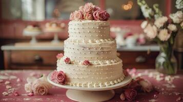 ai generiert Hochzeit Kuchen mit Rosa Blumen auf Tabelle foto