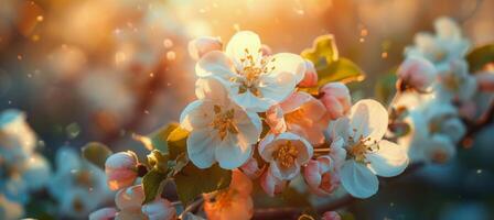 ai generiert Sonne leuchtenden durch blühen Baum Blätter foto